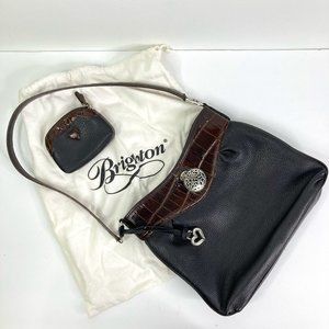 Vtg Brighton Black Croc Embossed Pebbled Leather Shoulder Bag Purse & Coin Pouch